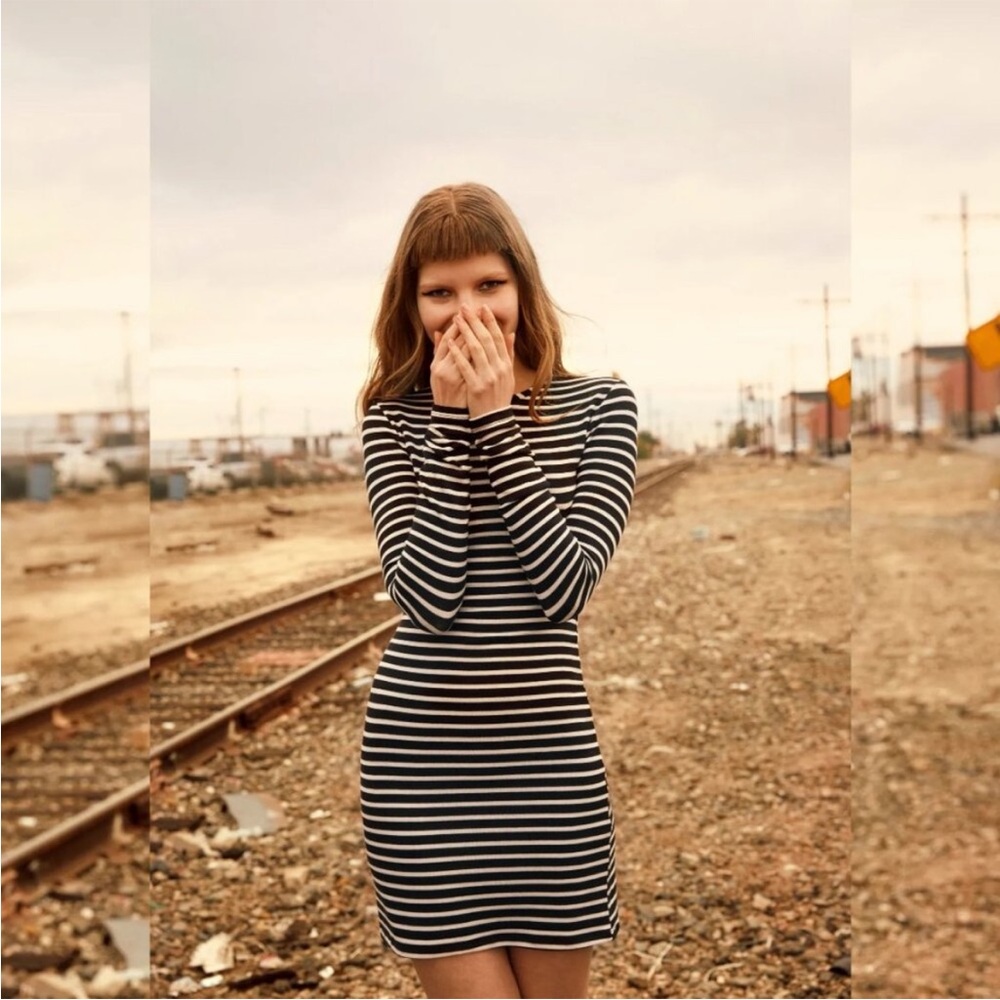 Reformation Black and White Striped Long-Sleeve Bodycon Dress